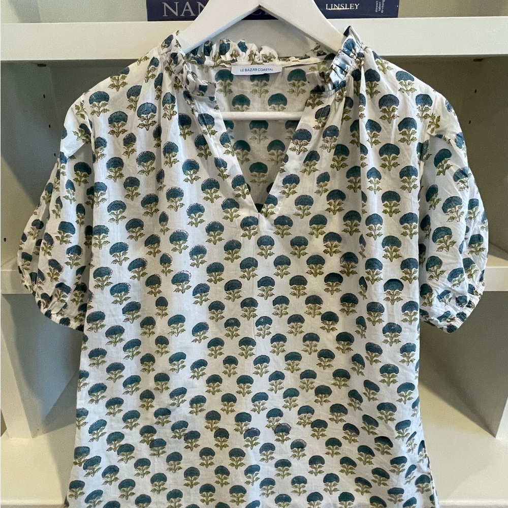 NWOT Le Bazare Coastal Block Print Blouse